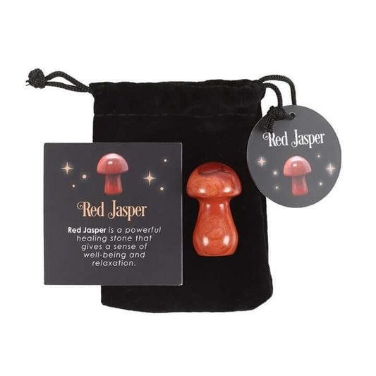 Red Jasper Crystal Mushroom with pouch and card, promoting wellbeing and relaxation for your space.
