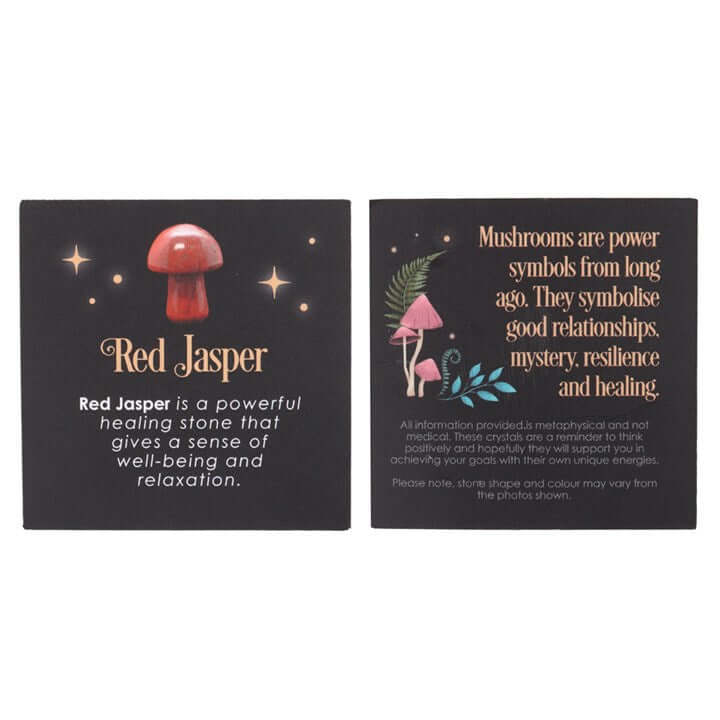 Magical Red Jasper Crystal Mushroom with text highlighting its healing properties and symbolism of mushrooms.