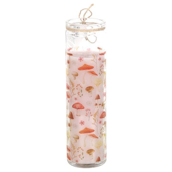 Mushroom Print Enchanted Forest Tube Candle featuring whimsical designs, measuring 65 hours of burn time.