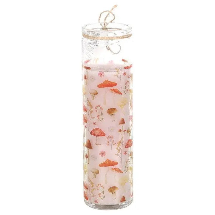 Mushroom Print Enchanted Forest Tube Candle featuring whimsical designs, measuring 65 hours of burn time.