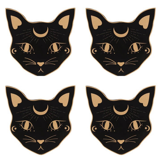 Mystic Mog Cat Face Coaster Set with Holder – Set of 4-Sociodigi