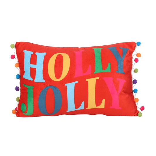 Red Holly Jolly Cushion with Pom Poms-Sociodigi