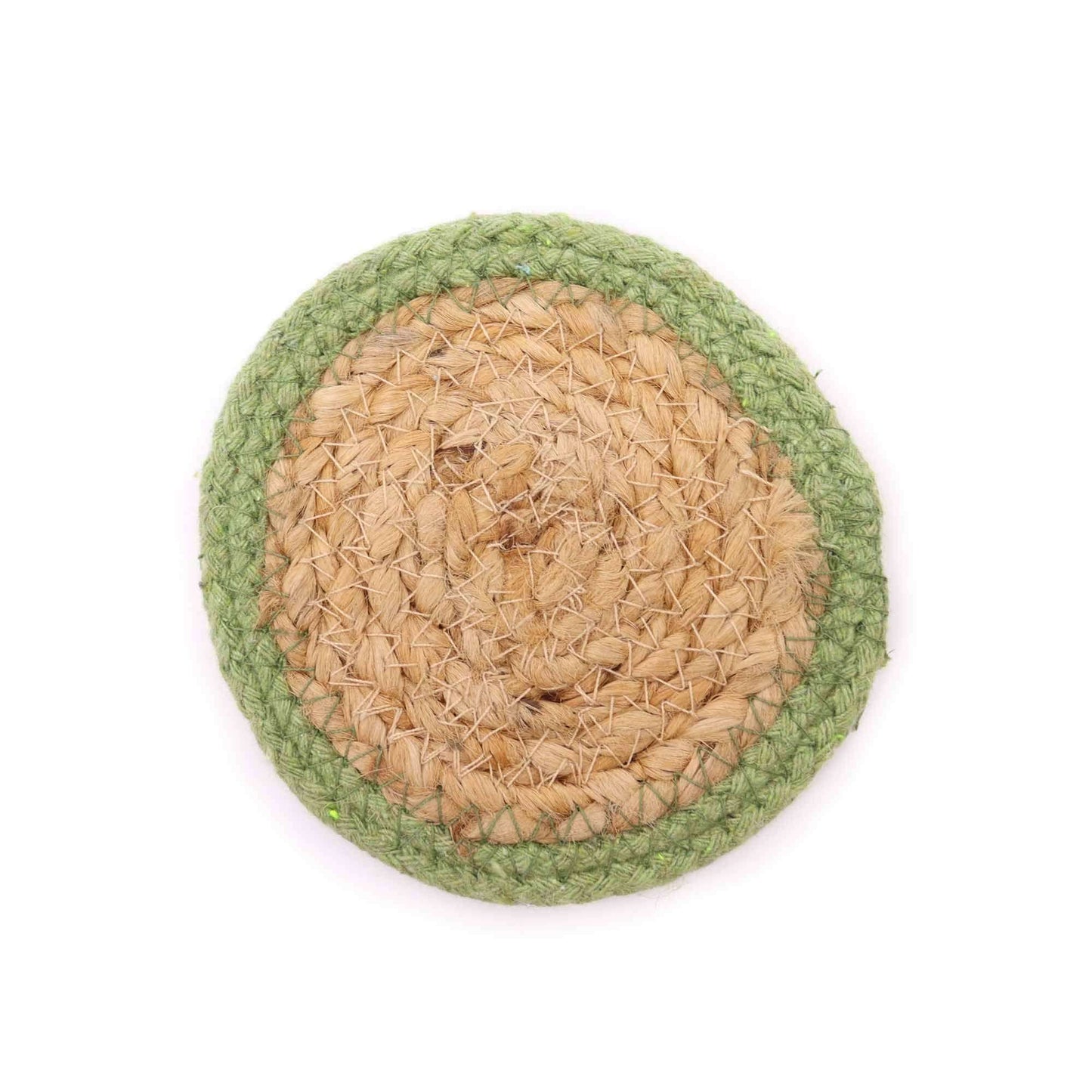 Natural coaster made from jute and cotton with an olive border, perfect for protecting surfaces.