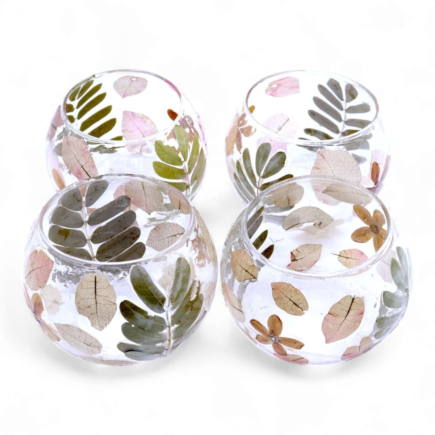Natural Floral Glass Bowl Candle Holder featuring real pressed leaves, ideal for adding elegance to home décor.