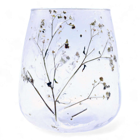 Natural Floral Glass Vase Candle Holder with dried flowers in clear recycled glass, 12x11cm, unique design.