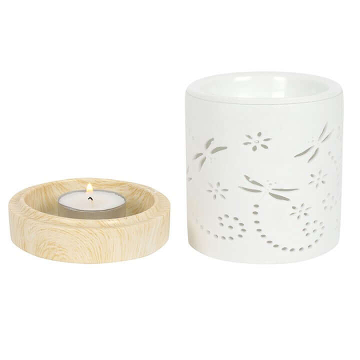 Matte Dragonfly Oil Burner with ceramic base and wood-effect detail, perfect for oil or wax melts.