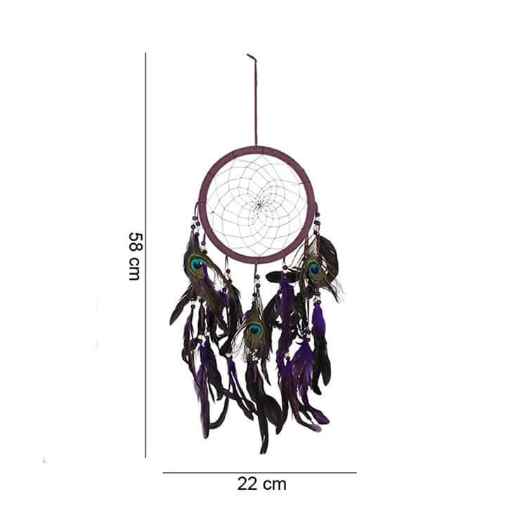 Add a touch of bohemian elegance to your space with this stunning Purple Peacock Feather Dreamcatcher. Featuring rich purple tones, intricate stitching, and eye-catching peacock feathers, this large dreamcatcher makes a beautiful statement piece for any r