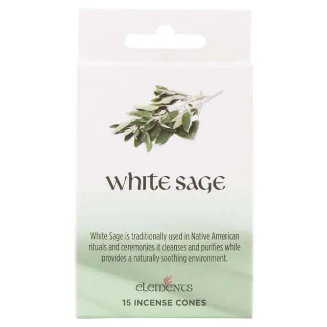 White sage incense cones packaging with green leaves on a white background