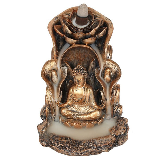 Decorative incense burner with Buddha figure and rose design on a white background
