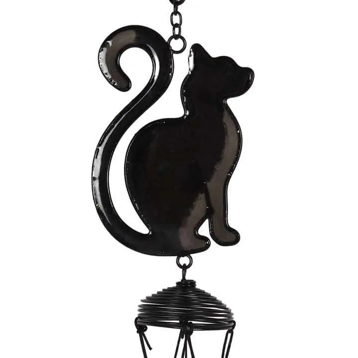 Black cat-shaped wind chime on a white background
