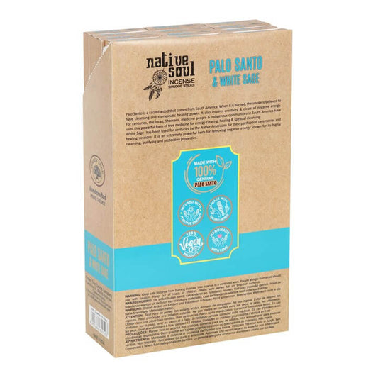 Box of Native Soul Palo Santo and White Sage incense sticks on a white background