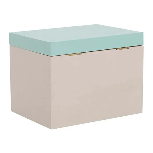 Rectangular storage box with a light blue lid and beige body on a white background