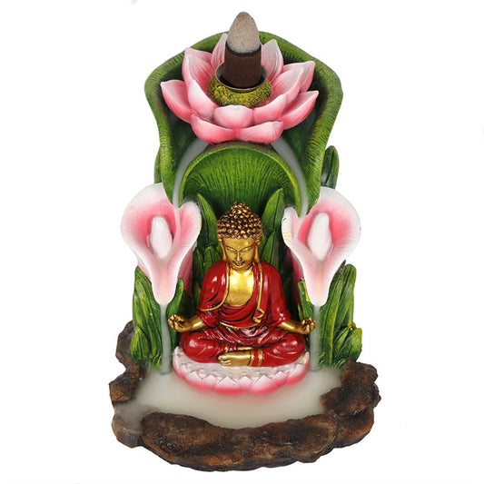 Decorative figurine of a Buddha surrounded by pink lotus flowers on a white background