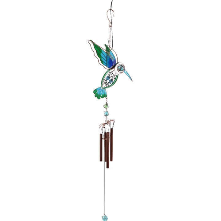 Decorative wind chime shaped like a hummingbird on a white background