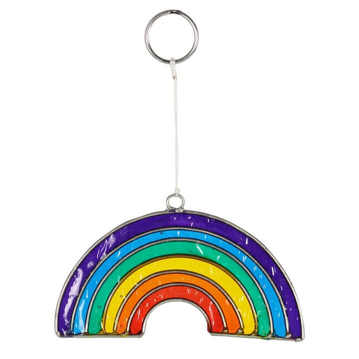 Colorful rainbow-shaped keychain on a white background