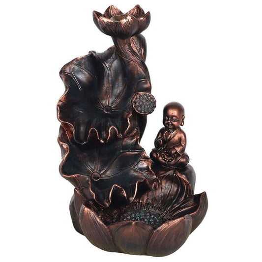 Bronze-colored decorative piece with a seated figure and lotus flowers on a white background