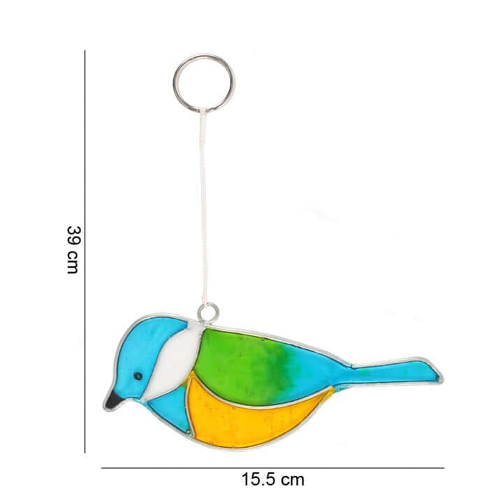 Colorful bird-shaped ornament with dimensions on a white background