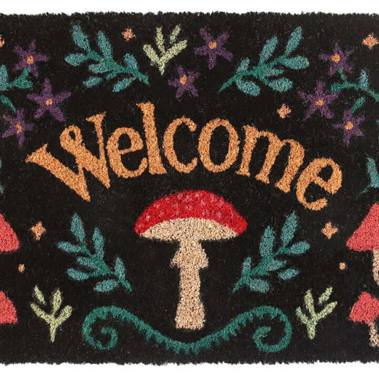 Doormat with 'Welcome' text and mushroom design on a black background
