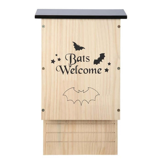 Wooden bat house with 'Bats Welcome' text and bat illustrations on a white background