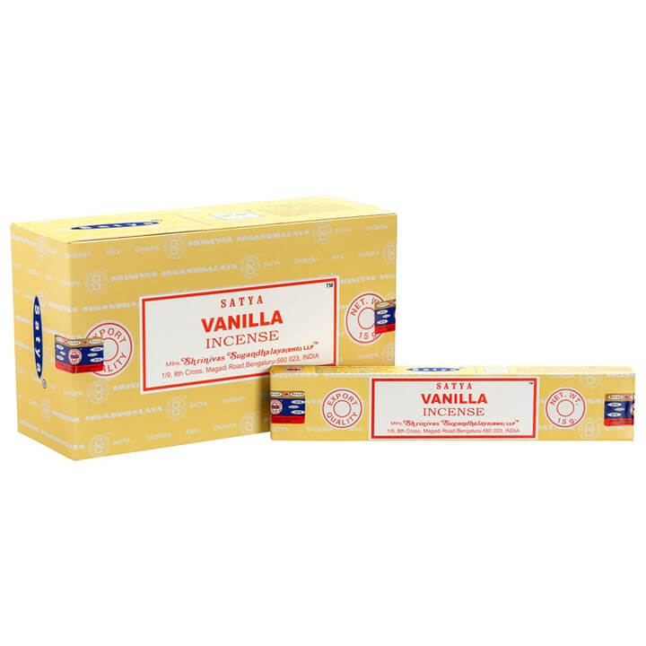 Satya Vanilla Incense packaging on a white background