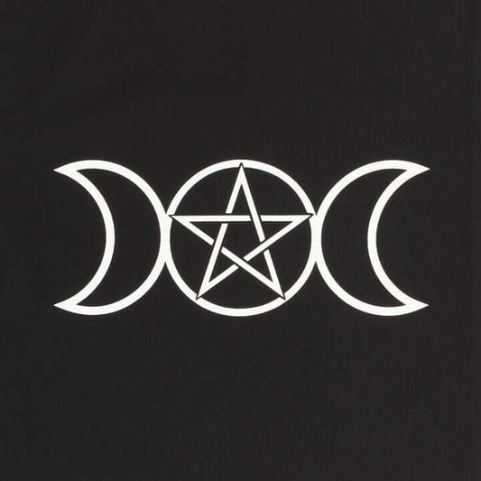 White pentagram symbol between three crescent moons on a black background