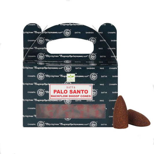 Satya Palo Santo backflow dhoop cones packaging with two cones in front on a white background