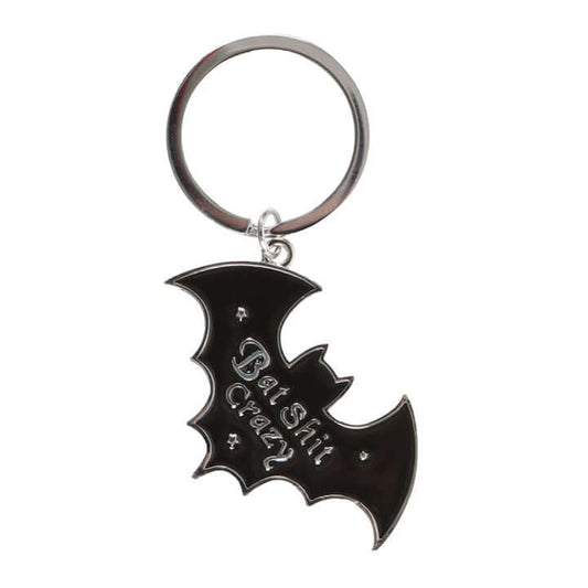 Black bat-shaped keychain with 'Bat Shit Crazy' text on a white background