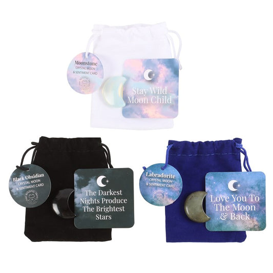 Set of 24 Lucky Crystal Moons – Crescent-Shaped Labradorite, Moonstone & Black Obsidian with Velvet Bags-Sociodigi