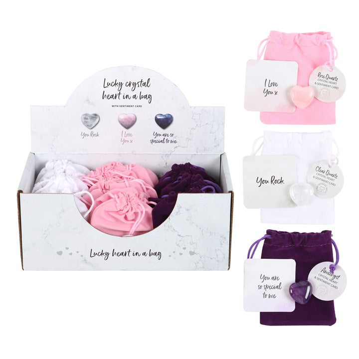 Set of 24 Lucky Crystal Hearts – Amethyst, Clear Quartz & Rose Quartz with Velvet Bags-Sociodigi