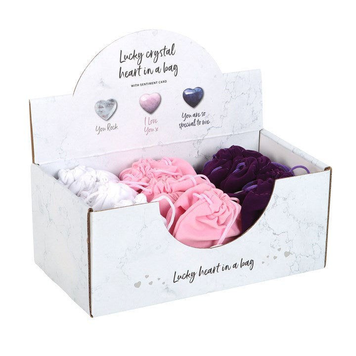 Set of 24 Lucky Crystal Hearts – Amethyst, Clear Quartz & Rose Quartz with Velvet Bags-Sociodigi