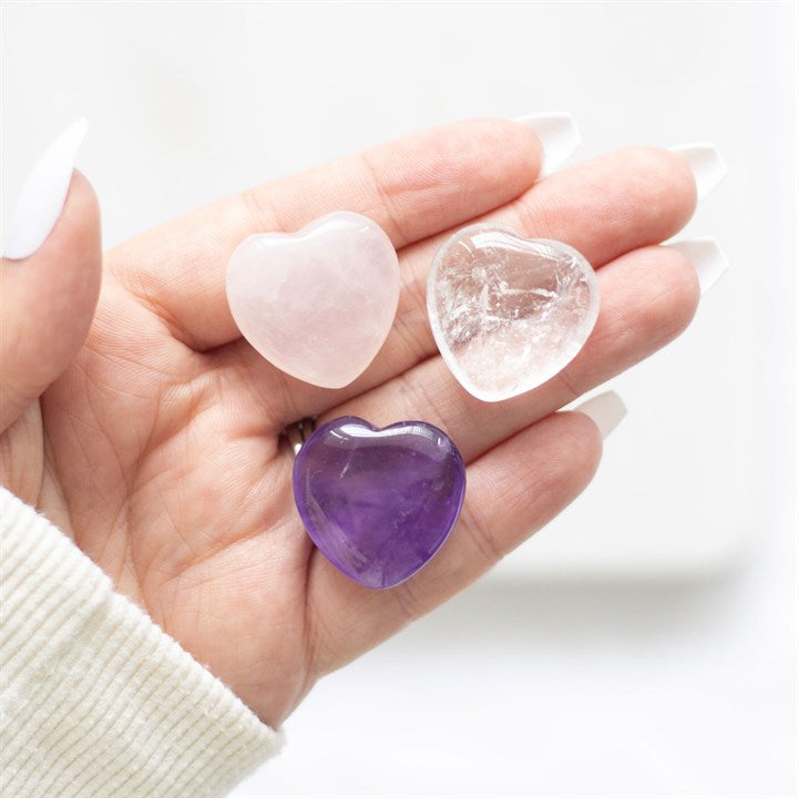 Set of 24 Lucky Crystal Hearts – Amethyst, Clear Quartz & Rose Quartz with Velvet Bags-Sociodigi