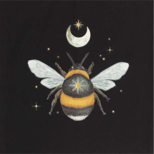 Illustration of a bee with celestial elements on a black background
