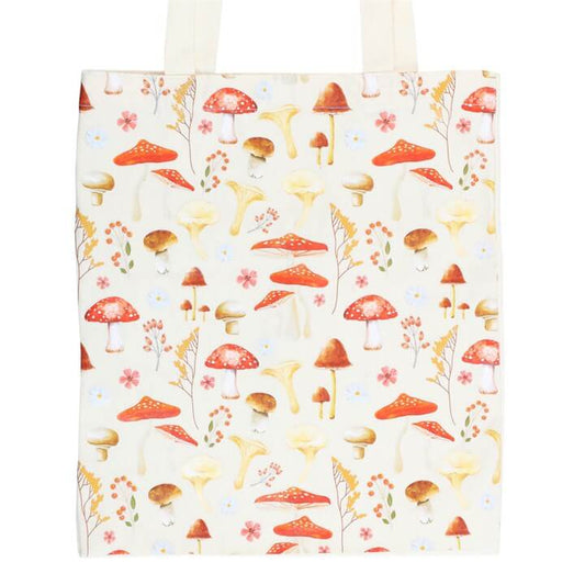 Tote bag with mushroom pattern on a white background