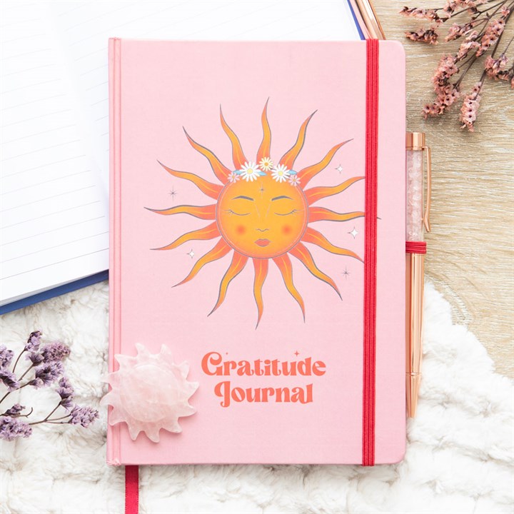 The Sun Gratitude Journal with Rose Quartz Crystal Pen – Mindful Reflection Set-Sociodigi