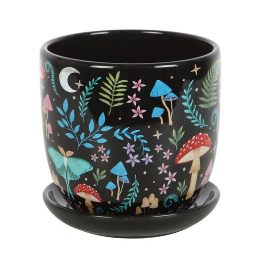 Dark Forest Print Ceramic Plant Pot with Saucer N/A