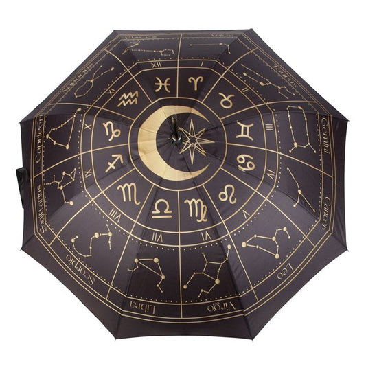 Black Astrology Wheel Umbrella – Stylish Gold Zodiac Rain Protection-Sociodigi