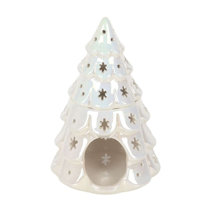 Iridescent Fir Tree Oil Burner shaped like a snowy Christmas tree, perfect for festive home fragrance.