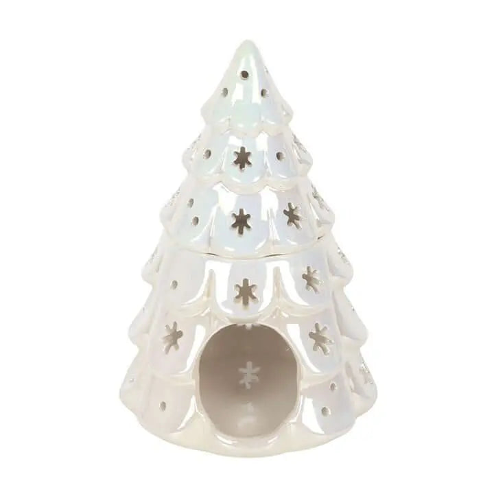 Iridescent Fir Tree Oil Burner shaped like a snowy Christmas tree, perfect for festive home fragrance.