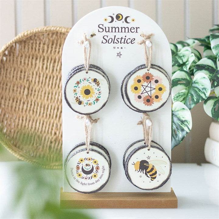 Set of 16 Summer Solstice Wood Slice Hanging Decorations with Display Stand-Sociodigi