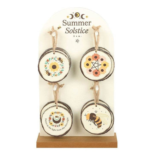 Set of 16 Summer Solstice Wood Slice Hanging Decorations with Display Stand-Sociodigi