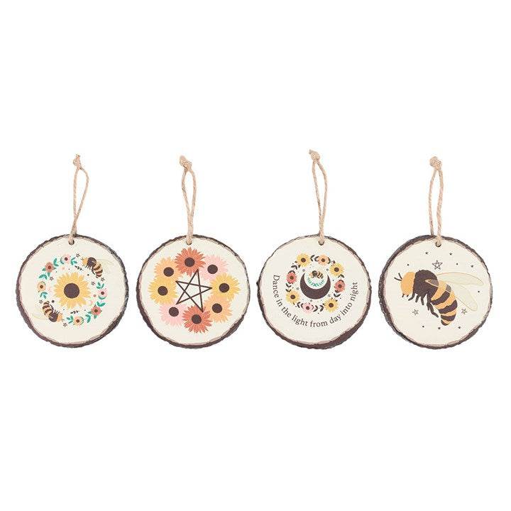 Set of 16 Summer Solstice Wood Slice Hanging Decorations with Display Stand-Sociodigi