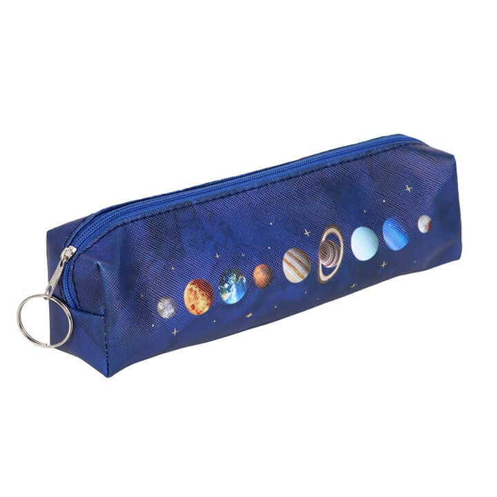Blue pencil case with solar system design on a white background