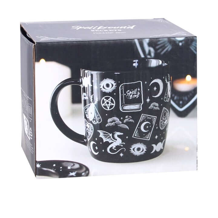 Spellbound Secrets Mystical Print Mug in black with mystical icons, perfect for gothic style lovers.
