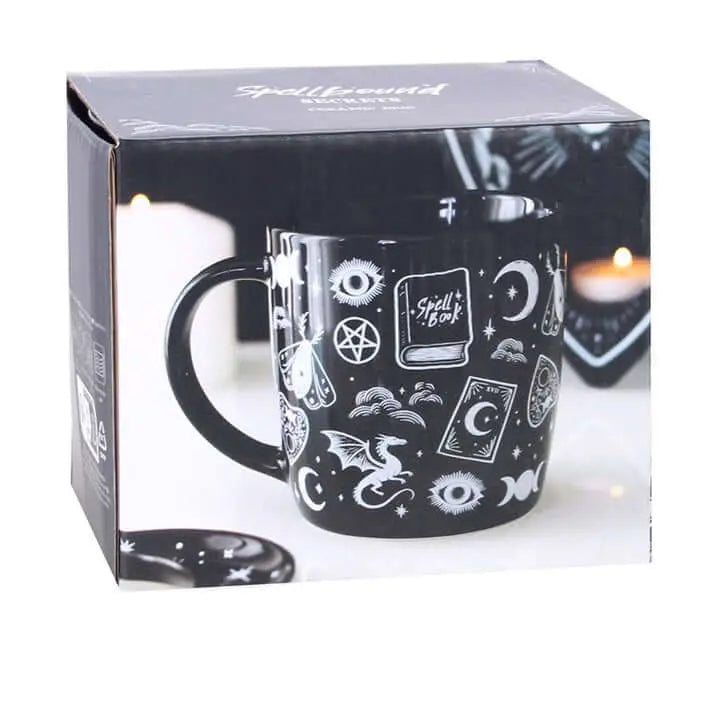 Spellbound Secrets Mystical Print Mug in black with mystical icons, perfect for gothic style lovers.