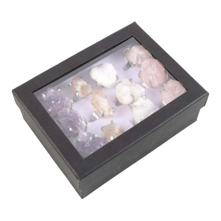 Set of 12 Assorted Crystal Rings – Amethyst, Citrine, White Quartz & Rose Quartz on Adjustable Bands-Sociodigi