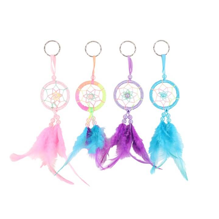 Colorful pastel dreamcatchers in a set of four, featuring feathers and mini keychain attachments.