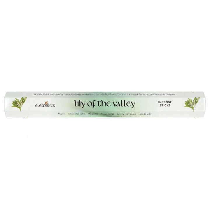 Lily Incense Sticks product packaging by Elements, featuring 'Lily of the Valley' label on incense stick box.