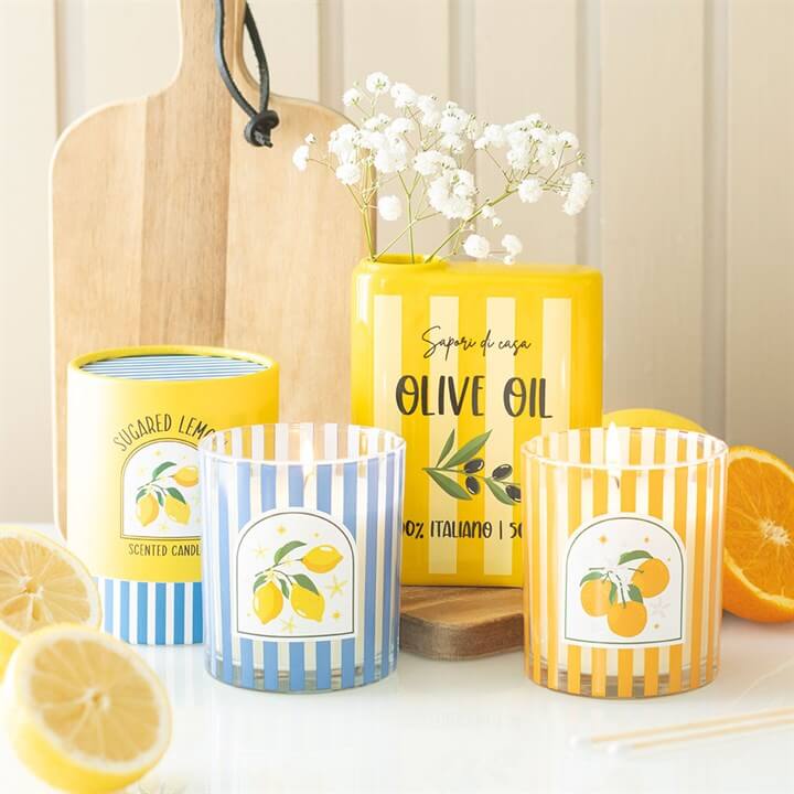 Sugared Lemon Scented Candle In Blue Glass Jar 28 Hour Burn Time