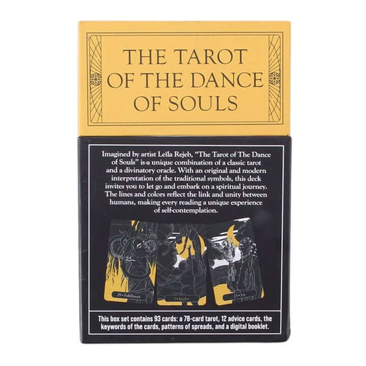 The Tarot of the Dance of Souls card deck box, featuring a gold top panel with black text and a black lower section with card artwork and descriptive text.