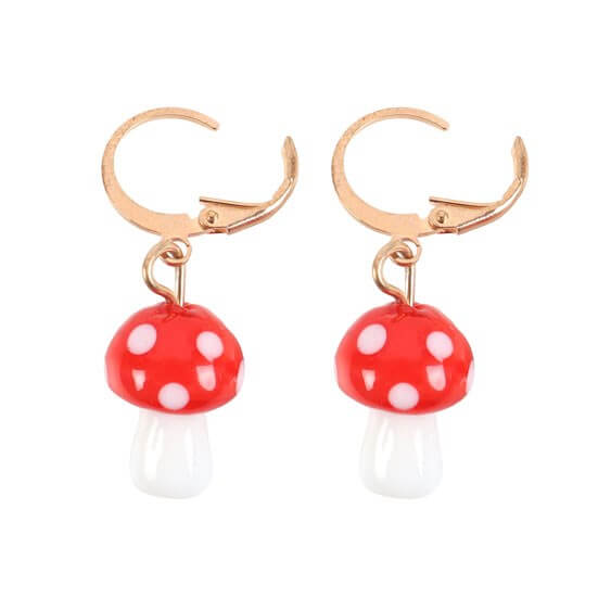 Toadstool Dangle Earrings featuring red mushroom charms on gold hoops for a whimsical woodland touch.